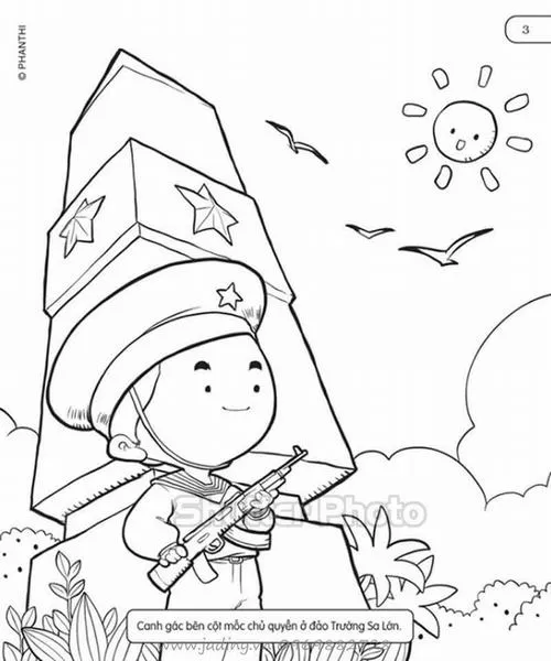 Bé lính đội mũ sắt có lưới ngụy trang đứng hiên ngang, đôi môi mỉm cười thân thiện mang lại cảm giác ấm áp, bình yên và nhẹ nhàng cho bé 3 tuổi.