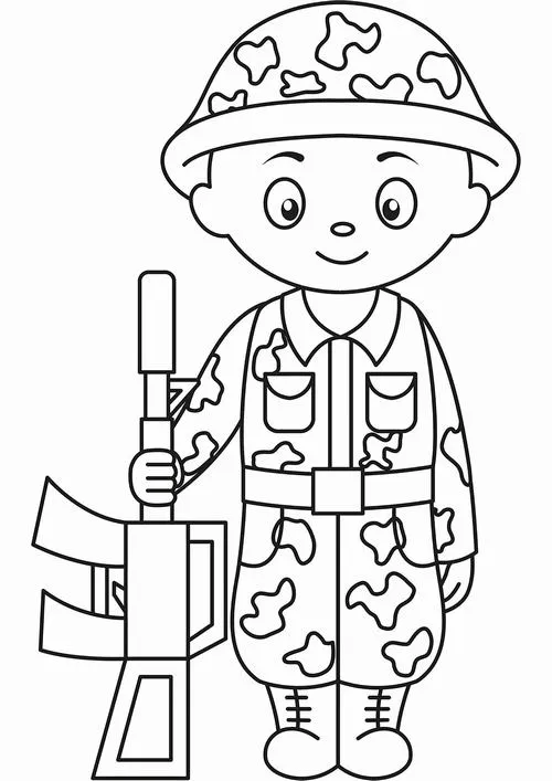 File tranh tô màu chú lính có khuôn mặt tròn trịa dễ thương đang cầm súng, khoác trên mình bộ đồ rằn ri đặc trưng của lực lượng bộ binh tài năng.