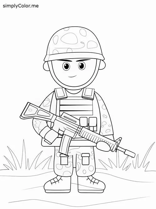 Mẫu tranh tô màu chú lính mặc áo chống đạn cầm súng tiểu liên, dáng đứng vững chãi giữa khung cảnh thiên nhiên hùng vĩ, bao la và cực kỳ hào hùng.