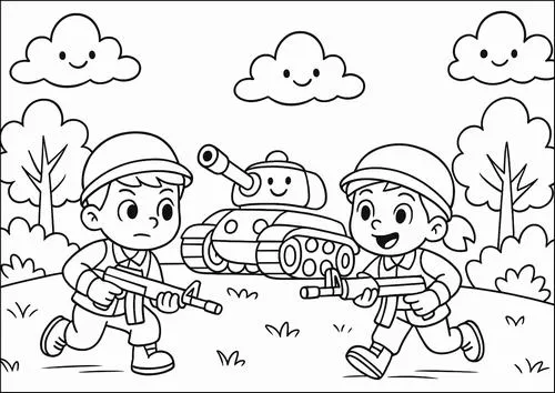 Hình vẽ tô màu hai chú lính nhỏ cùng nhau lái chiếc xe tăng tiến lên phía trước, bối cảnh rừng cây xanh mát rất sống động cho trẻ 6 tuổi.