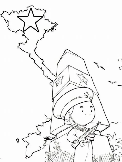 Người lính trẻ đứng trước tấm bản đồ Việt Nam hình chữ S đầy tự hào, chiếc mũ cối gắn sao vàng là điểm nhấn rực rỡ và cực kỳ thiêng liêng.