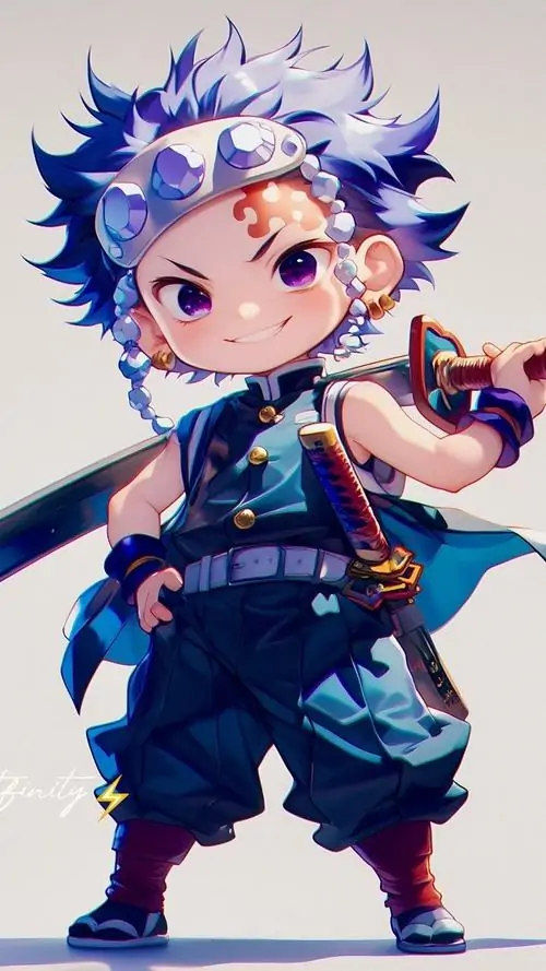 Tanjiro trong bộ đồ màu xanh thẫm đang bước đi với gương mặt nghiêm nghị, đeo đôi khuyên tai mặt trời trông cực kỳ mạnh mẽ.