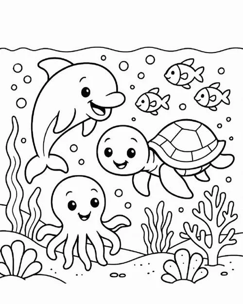 Gia đình cá heo và rùa đang bơi lội vui vẻ cùng nhau giữa những làn nước mặn mát lành của biển cả bao la cho trẻ 4 tuổi.