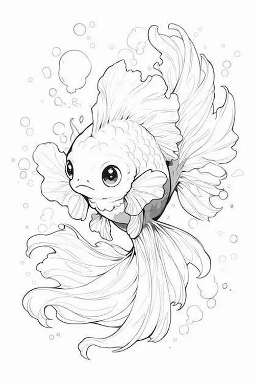 Chú cá vàng với bộ vây đuôi lộng lẫy đang bơi lội một cách duyên dáng giữa những cây rong biển xanh tươi và mềm mại dưới đáy hồ.