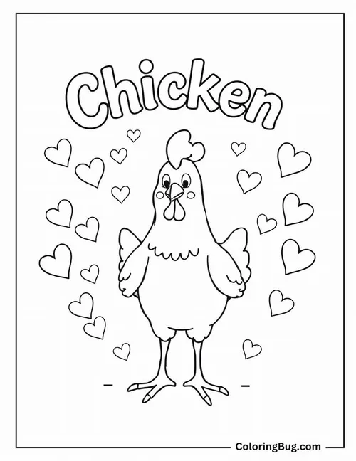 In trang tập tô màu cô gà nhà đứng giữa vòng vây của những trái tim nhỏ bay bổng thể hiện tình yêu thương đong đầy và ngọt ngào.