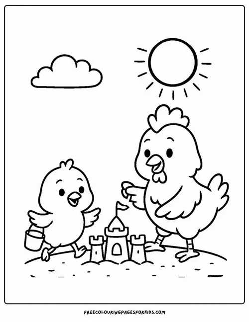 Hai chú gà con tinh nghịch đang cùng nhau xây lâu đài cát dưới ánh nắng mặt trời rực rỡ và ấm áp giữa bãi biển cho bé 5 tuổi.