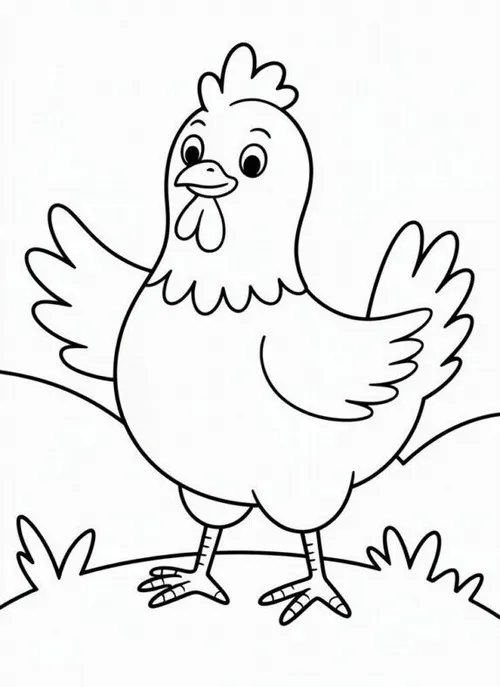 Bản vẽ tô màu chú gà nhỏ đứng giữa bãi cỏ xanh mướt với đôi cánh dang rộng như đang sẵn sàng khám phá thế giới tự nhiên phong phú.