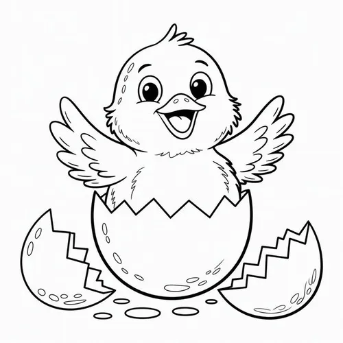 Một bé gà đáng yêu vừa mới chui ra khỏi vỏ trứng với biểu cảm ngạc nhiên xen lẫn thích thú trước không gian rộng lớn xung quanh.