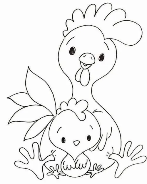 Mẫu tranh tô màu phác thảo chân dung mẹ con nhà gà với những nét vẽ mềm mại làm nổi bật tình mẫu tử thiêng liêng cho trẻ 6 tuổi.