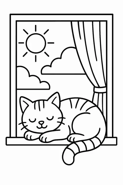 Tranh tô màu chú mèo nằm dài bên cửa sổ với ước mơ mèo bắt chuột mang một vẻ đẹp êm đềm.