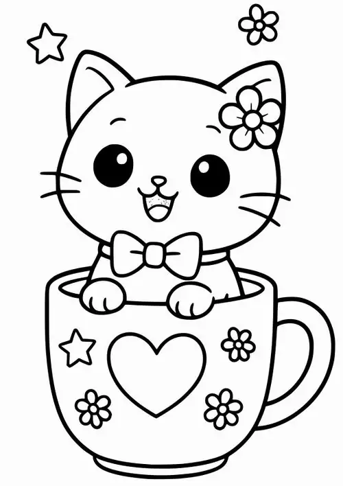 Một chú mèo nhỏ ngồi lọt lòng trong chiếc tách gốm đầy hoa trông như một tác phẩm nghệ thuật tinh tế.