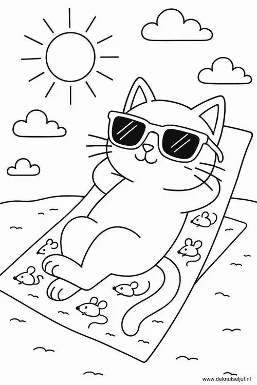 Mẫu tranh tô màu chú mèo đeo kính râm nằm thư giãn trên ghế dài tại bãi biển đầy nắng trông rất phong cách.