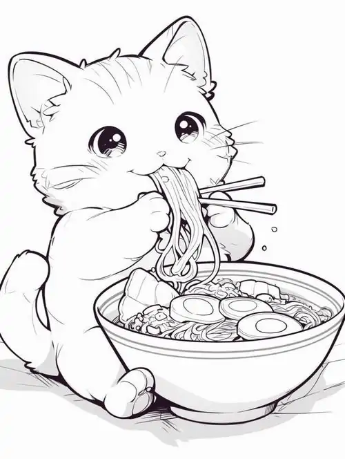 Chú mèo tinh nghịch đang dùng đũa ăn bát mì ramen nóng hổi với biểu cảm khuôn mặt thể hiện sự ngon lành.