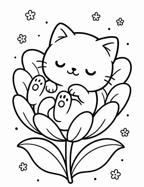 Bé mèo nhỏ cuộn mình nằm ngủ yên bình bên trong một đóa hoa sen đang nở rộ mang vẻ thanh khiết cho trẻ 6 tuổi.