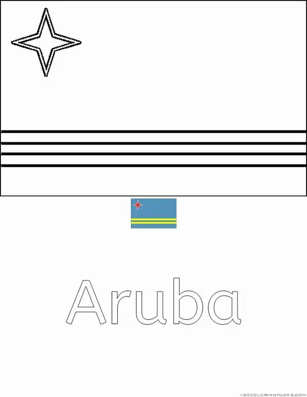 In trang tập tô màu quốc kỳ Aruba với các dải ngang mỏng và ngôi sao bốn cánh tạo nên một vẻ đẹp nhẹ nhàng của biển cả.