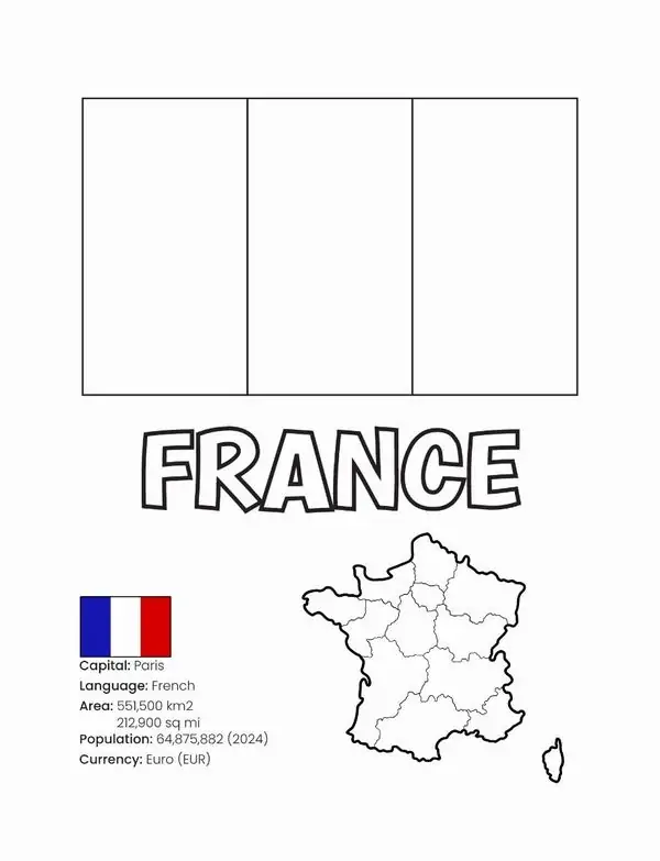 Bản đồ nước Pháp đi kèm với lá cờ tam tài giúp bé hình dung rõ ràng về vị trí địa lý của một vương quốc rực rỡ và lộng lẫy.