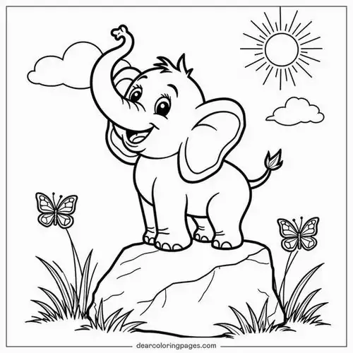 Bé voi nhỏ đang ngồi trong bồn tắm đầy bọt xà phòng trắng xóa và dùng vòi thổi ra những quả bóng bay trong suốt.