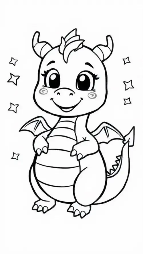 Mẫu tô màu sinh vật huyền thoại chú rồng nhỏ có đôi mắt to đang đứng dang tay với vẻ mặt đầy tự hào về đôi cánh mới.