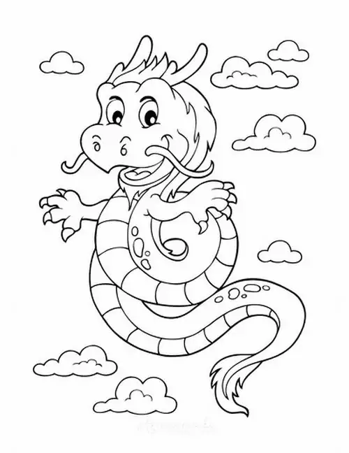 Bản thảo rồng thần chú rồng con có đôi mắt to tròn đang ngồi mỉm cười và vẫy tay chào mọi người cực kỳ thân thiện cho bé 5 tuổi.