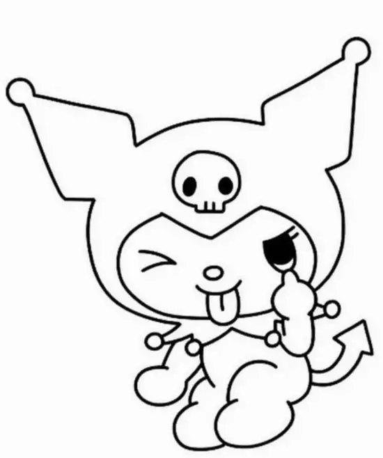 Kuromi nháy mắt, tay giơ lên bên má như đang tạo dáng chụp hình, phần tai và mũ nhọn làm bức hình vẽ Kuromi chưa tô màu nhìn rất điệu cho bé 3 tuổi