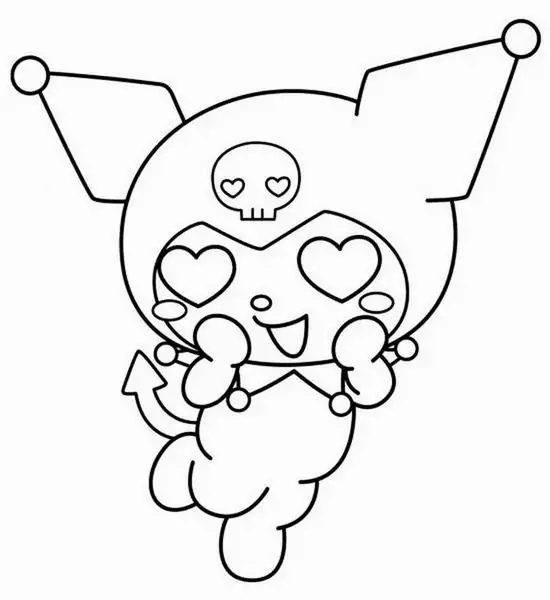 Hình tô màu Kuromi ôm trái tim lớn có đôi mắt lấp lánh, dáng nhảy một chân khiến bức hình vừa sắc sảo vừa hợp bé thích quà tặng sáng tạo