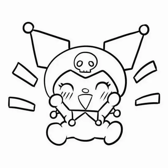 Bộ tranh tô màu Kuromi ngồi cười tít mắt, hai chiếc que nhỏ trên tay và các vạch nhấn xung quanh làm không khí bức ảnh thêm tươi, gợi phát triển tư duy