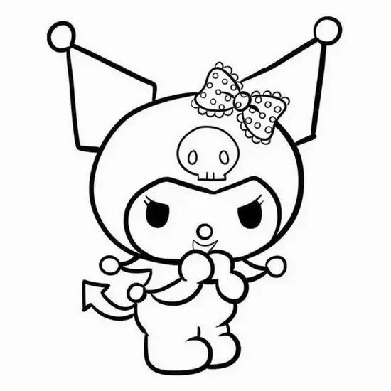 Tranh tô màu Kuromi đứng thẳng với chiếc nơ hoa trên tai, hai tay chạm gần cằm khiến dáng vẻ có chút e lệ mà vẫn đáng yêu, đậm chất Sanrio