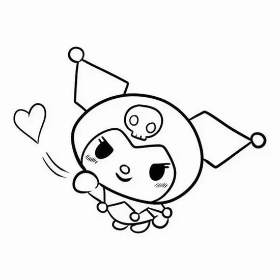 Tranh tô màu Kuromi nghiêng đầu vẫy tay bên trái, má phúng phính và trái tim nhỏ làm khung ảnh trông rất duyên, hợp bé mê Sanrio và đường nét