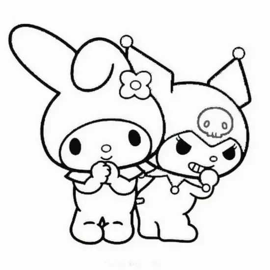 Trang tập tô màu My Melody ôm Kuromi từ bên cạnh, cả hai dựa đầu vào nhau làm bức hình trở nên hiền và ấm áp như một khoảnh khắc bạn thân