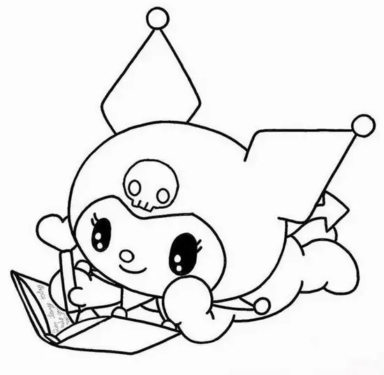 Kuromi nằm dài trong chiếc phong bì mở hé, một tay chống cằm và mắt tròn lấp lánh khiến cảnh này vừa duyên dáng vừa hợp bé 3 tuổi