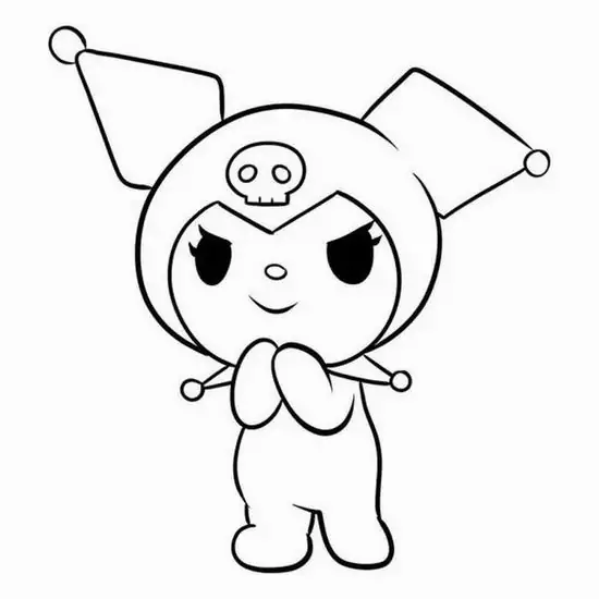 Kuromi đứng thẳng với hai tay chụm trước ngực, mắt xếch tinh anh và chiếc nơ to khiến dáng vẻ vừa ngầu vừa xinh xắn của nhân vật Kuromi nổi bật