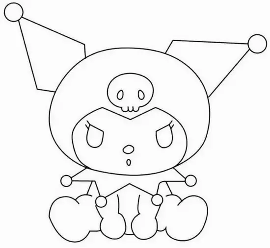 Kuromi ngồi xếp chân giữa khung trắng, miệng tròn ngơ ngác và tai dựng cao tạo cảm giác mềm mại như vừa bị gọi tên bất ngờ cho bé 3 tuổi