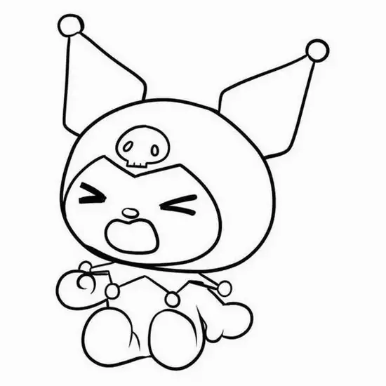 Kuromi ngồi một mình, mắt nhắm cong vui vẻ và hai vạch nhấn quanh đầu làm dáng ôm kẹo trông lanh lợi, rất hợp cho giờ nghệ thuật tô màu