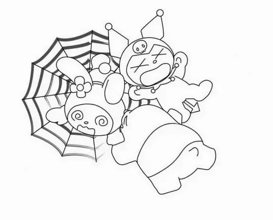 In trang tập tô màu Kuromi xuất hiện giữa mạng nhện Halloween cùng bạn bè bay lượn, bố cục dày chi tiết nhưng vẫn mơ màng, gợi bé thử phối màu
