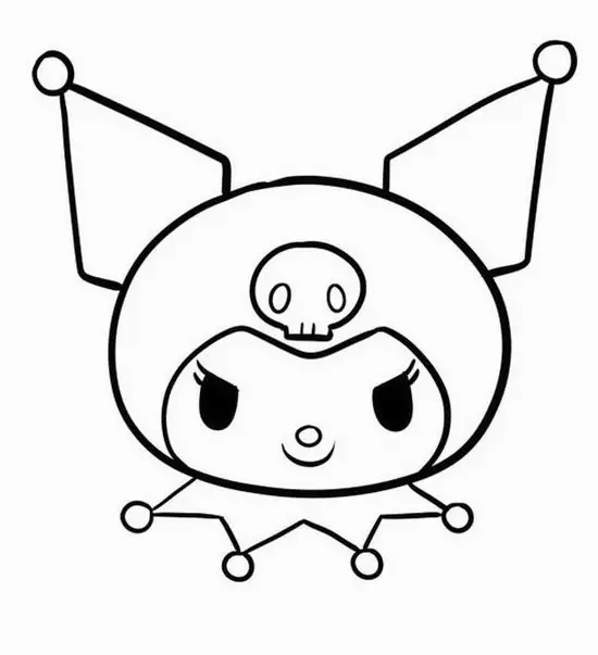 Gương mặt Kuromi nhìn chính diện với mắt đen sắc và miệng chúm nhẹ, chiếc mũ đen đầu lâu làm tổng thể gọn xinh, hợp cho trẻ 2 tuổi