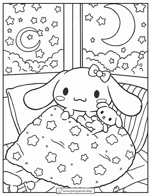 In trang tập tô màu bạn nhỏ tai dài đang đắp chăn ngủ ngon lành bên khung cửa sổ có ánh trăng khuyết và những đám mây trắng trôi lững lờ.