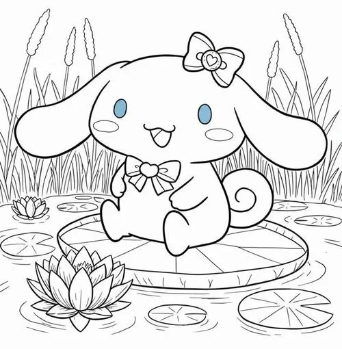 Cinnamoroll duyên dáng ngồi trên lá sen giữa hồ nước trong vắt với chiếc nơ xinh xắn cài trên đầu làm nổi bật biểu cảm khuôn mặt rạng rỡ.