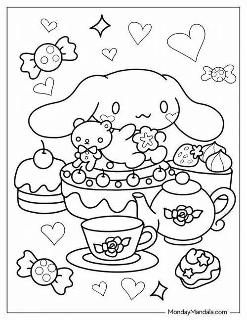 Bức tranh tô màu bữa tiệc trà ấm cúng với những tách trà bốc khói và đĩa bánh ngọt thơm phức thể hiện rõ tính cách nhân vật dịu dàng.