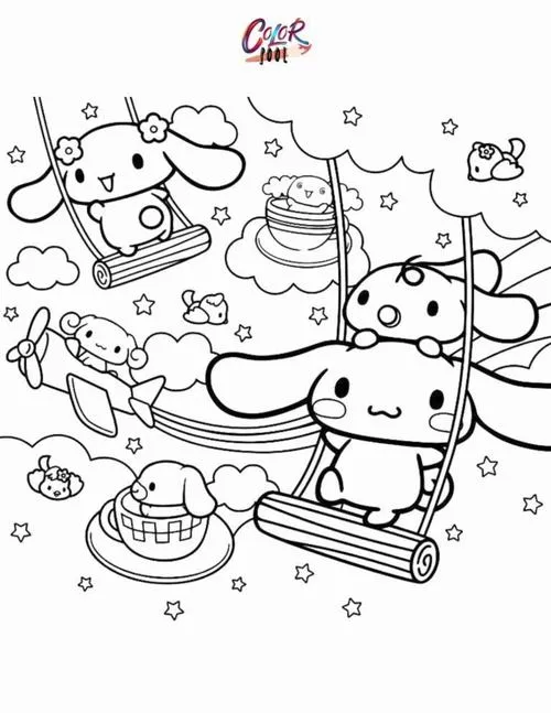 Cinnamoroll đang ngồi trên chiếc xích đu gỗ đung đưa nhẹ nhàng với đôi tai dài bay trong gió tạo nên một hoạt động giải trí lành mạnh.