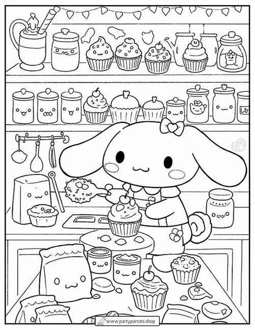 Tranh tô màu chú chó mây trắng đang đứng vui vẻ sau quầy bánh ngọt đầy ắp những chiếc cupcake thơm lừng chờ bé yêu trổ tài phối màu thủ công.