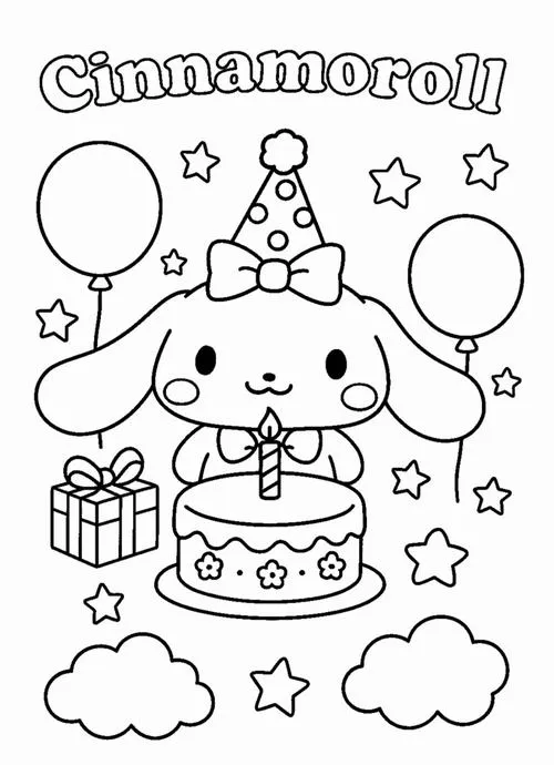 Cinnamoroll đón mừng sinh nhật bên chiếc bánh kem nhiều tầng và những quả bóng bay tưng bừng tạo nên một không gian quà tặng thủ công ấm áp.