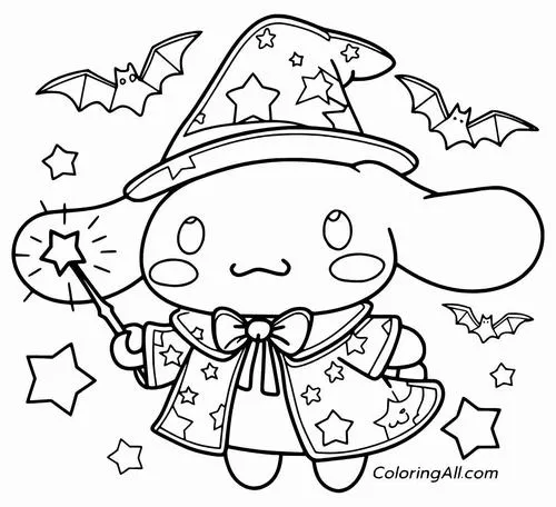 Tranh tô màu chú chó mây trắng trong trang phục phù thủy với chiếc mũ chóp cao và cây gậy phép thuật tỏa ra những luồng bút màu kỳ ảo.