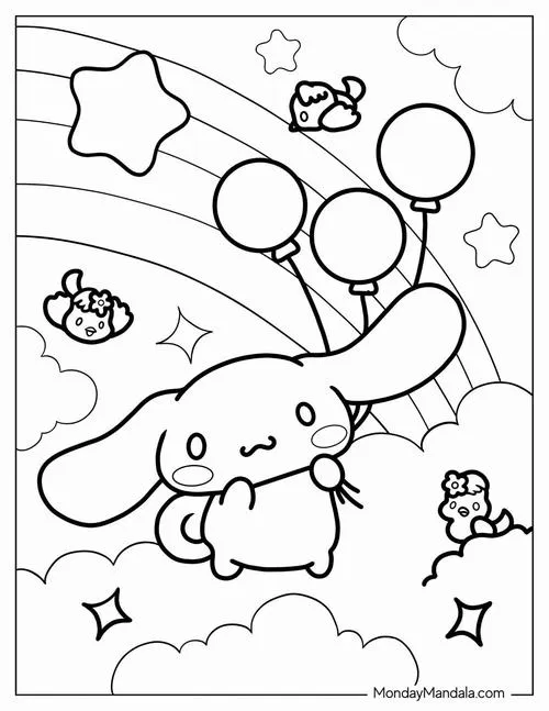 Cinnamoroll vui sướng cầm chùm bóng bay đủ hình dáng đứng dưới bầu trời đầy những ngôi sao nhỏ nhắn và những dải vạt áo choàng mềm mại.