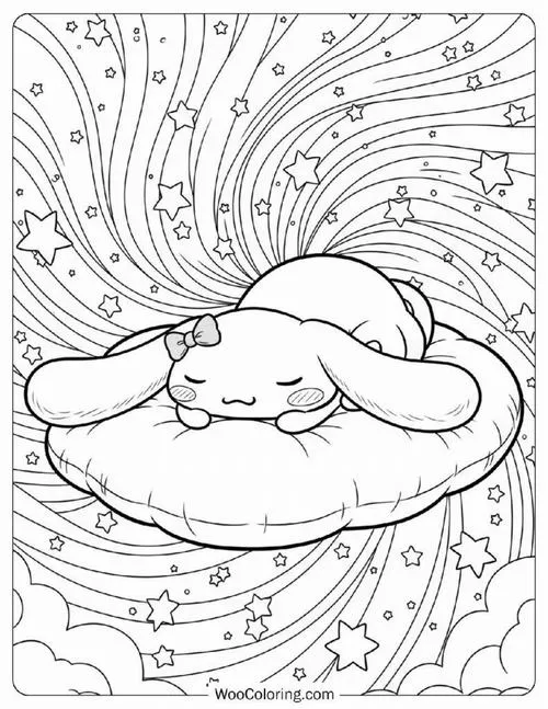 Bạn nhỏ tai dài đang trôi bồng bềnh trên một đám mây xốp mịn giữa bầu trời đầy những vòng xoáy mới mẻ mang đậm phong cách hội họa tự do.