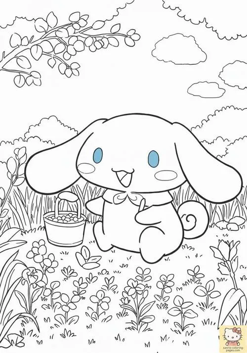 Hình ảnh Cinnamoroll ngồi giữa cánh đồng hoa rực rỡ với nụ cười hiền lành cùng đôi mắt xanh dương long lanh khiến khung cảnh trở nên vô cùng thơ mộng.