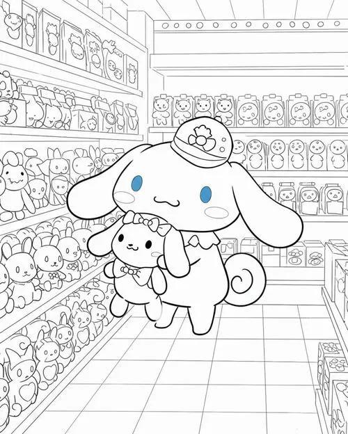 Trang tập tô màu nhân vật Sanrio dễ thương đang đẩy xe hàng trong siêu thị với biểu cảm hớn hở trên khuôn mặt tròn trịa và hình dáng đặc trưng cho bé 3 tuổi.