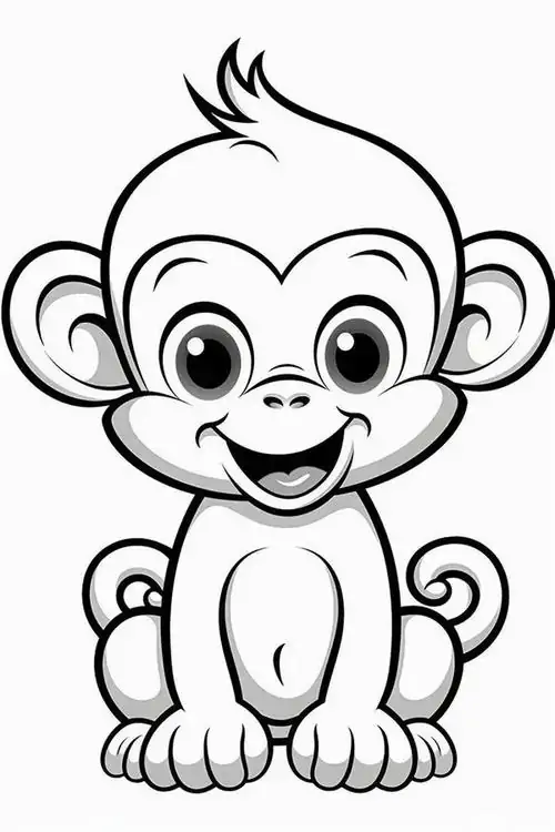 Chú khỉ nhỏ ngồi sâu sắc trên thảm cỏ với biểu cảm trầm tư và đôi mắt tinh anh đang nhìn thẳng về phía các bạn nhỏ.