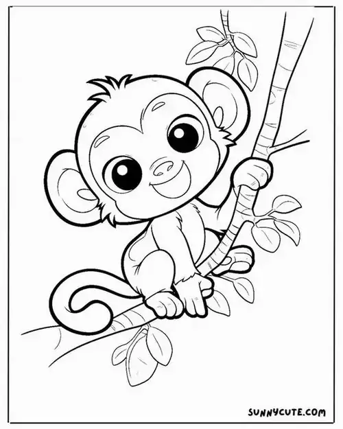 Tranh tô màu chú khỉ bám vững chãi vào thân cây lớn để leo lên cao tìm thức ăn thể hiện bản năng của bộ linh trưởng.