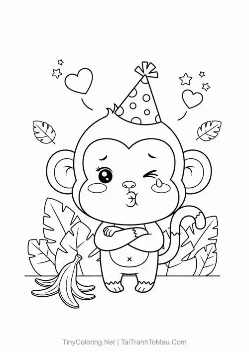 Chú khỉ đội chiếc mũ sinh nhật rực rỡ và ngồi rạng rỡ giữa những hộp quà tạo nên một không khí lễ hội cực kỳ vui tươi.