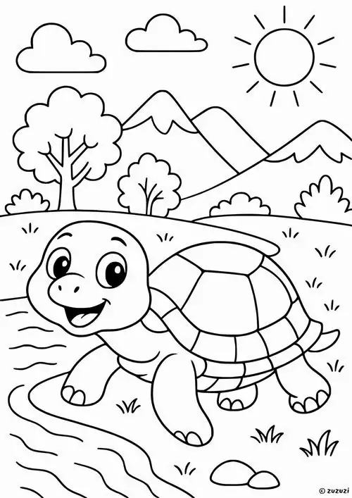 Chú rùa đang lững thững bò trên con đường nhỏ hướng về phía những ngọn núi cao và ánh mặt trời rực rỡ để rèn luyện sự sáng tạo cho trẻ 7 tuổi.